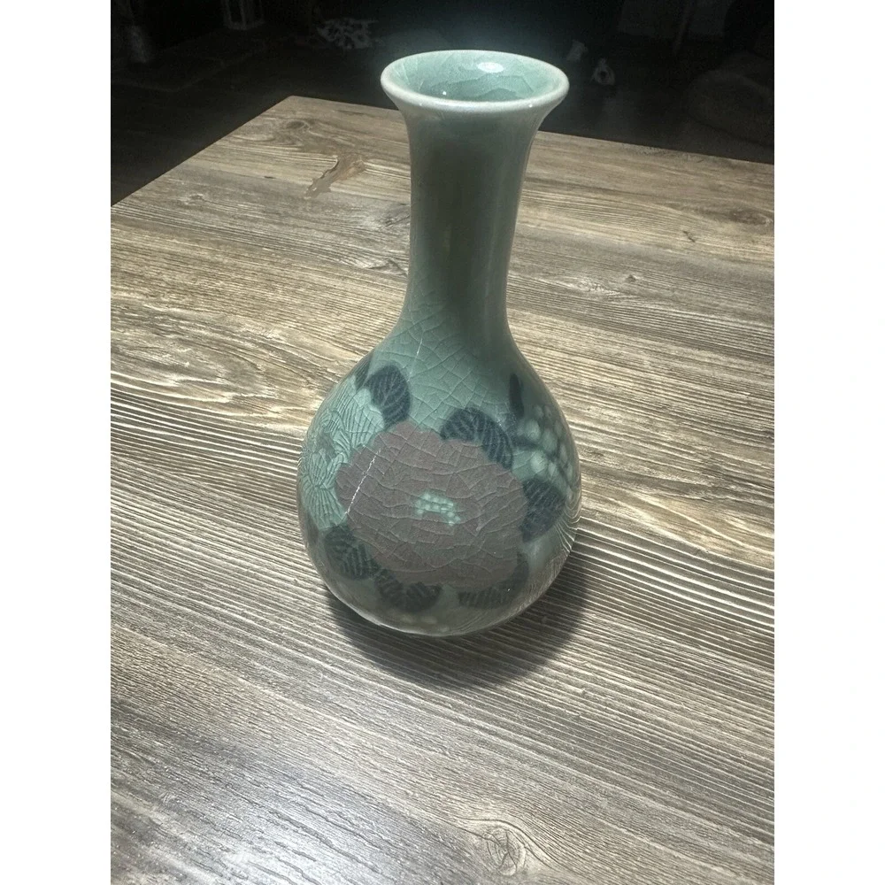 Teal Crackle Glass Glazed Floral  Bud Vase Vintage 7in